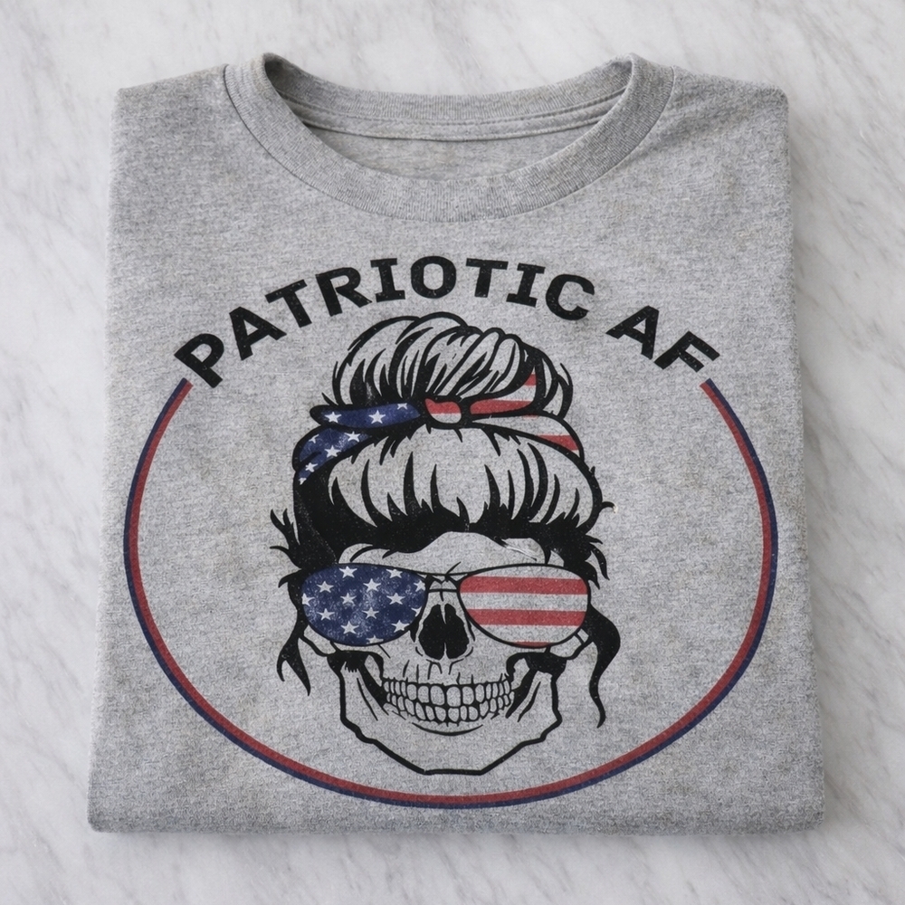 Patriotic AF Skull Graphic T Shirt Vintage Heather Gray 4th of July Top #B24